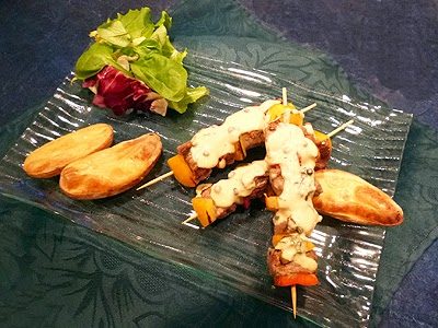 Brochettes de boeuf moutarde menthe et poivre vert